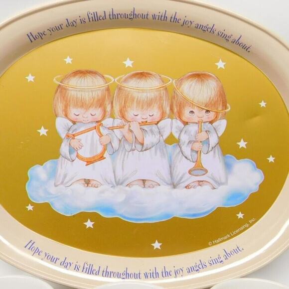 5 Piece Hallmark Mugs Peace Love Joy Angels Metal Tray Serving Tray 1992 Vintage - Picture 2 of 8